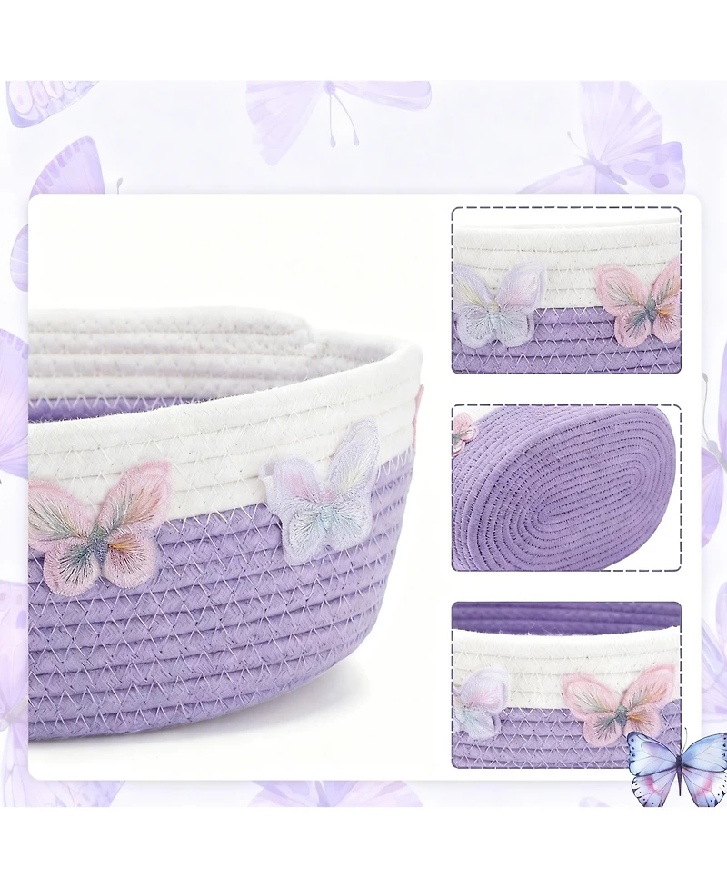 Yigii 3 Purple Butterfly Woven Cotton Baskets for Home Storage