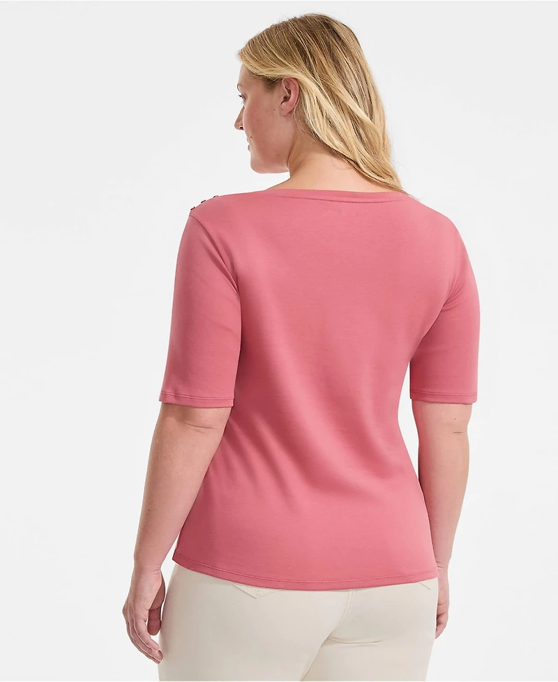 Lands' End Plus Supima Cotton Elbow Sleeve Boatneck Button Shoulder Tee