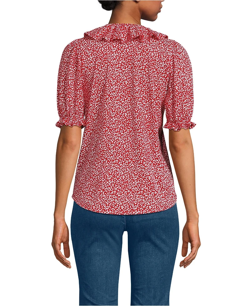 Lands' End Women's Puff Sleeve Slub Ruffle Pintuck Top