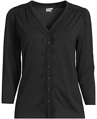 Lands' End Plus 3/4 Sleeve Slub V-neck Lace Trim Top