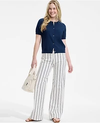 Lands' End Women's Cotton Short Sleeve Crew Neck Cardigan Sweater