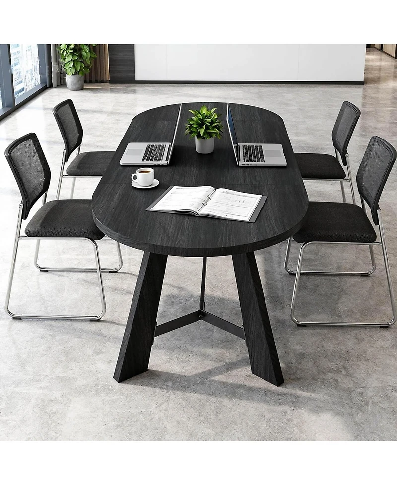 logicfox 70.8" Oval Work Desk for 6-8 People Rustic Style with Tapered Legs for Boardroom Office Meeting Conference Room