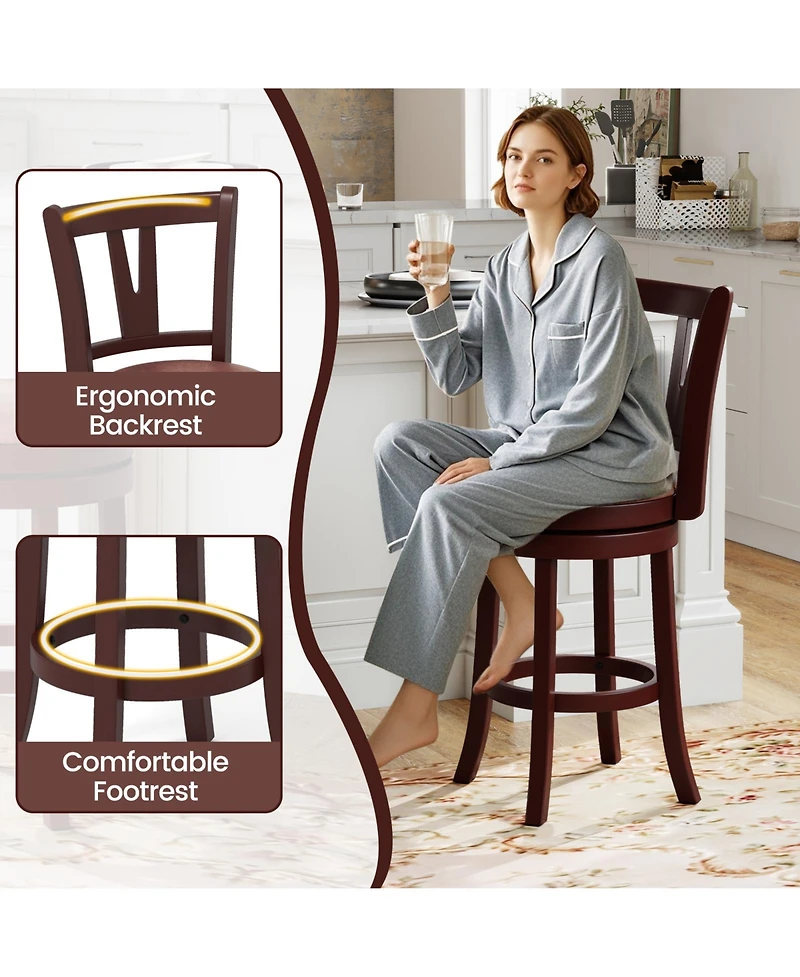 Gymax 26'' Counter Height Swivel Barstools Set of High Backs and Footrests Solid Wood