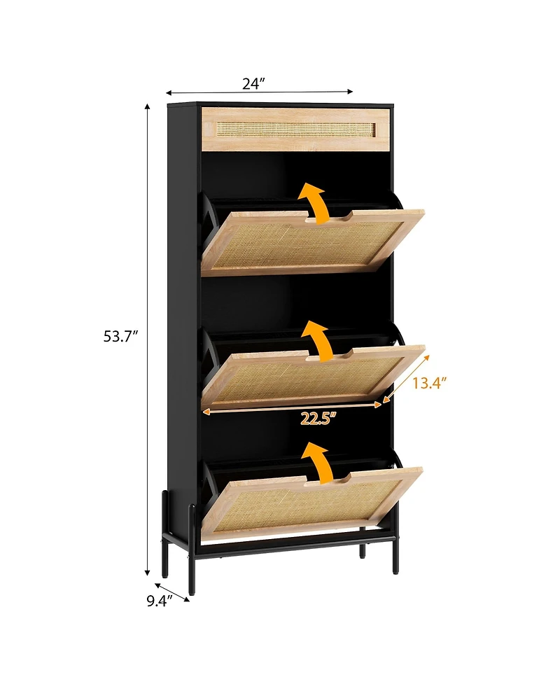 Homfan Rattan Storage Cabinet with 3 Flip Drawers, Freestanding Entry Way Shoe Storage Cabinet, Narrow Entrance Shoe Cabinets