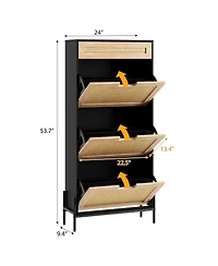 Homfan Rattan Storage Cabinet with 3 Flip Drawers, Freestanding Entry Way Shoe Storage Cabinet, Narrow Entrance Shoe Cabinets
