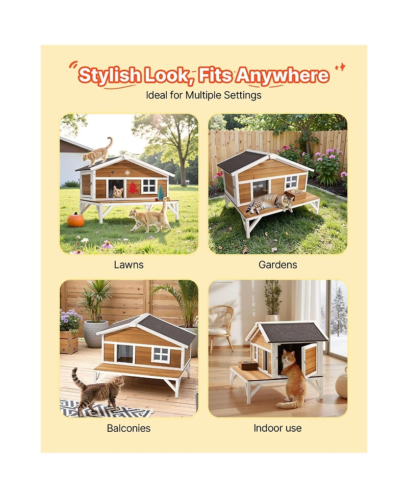 Zeus and Ruta Wooden Insulated Cat House Elevated Winter Shelter With Large Platform Waterproof Outdoor Condo