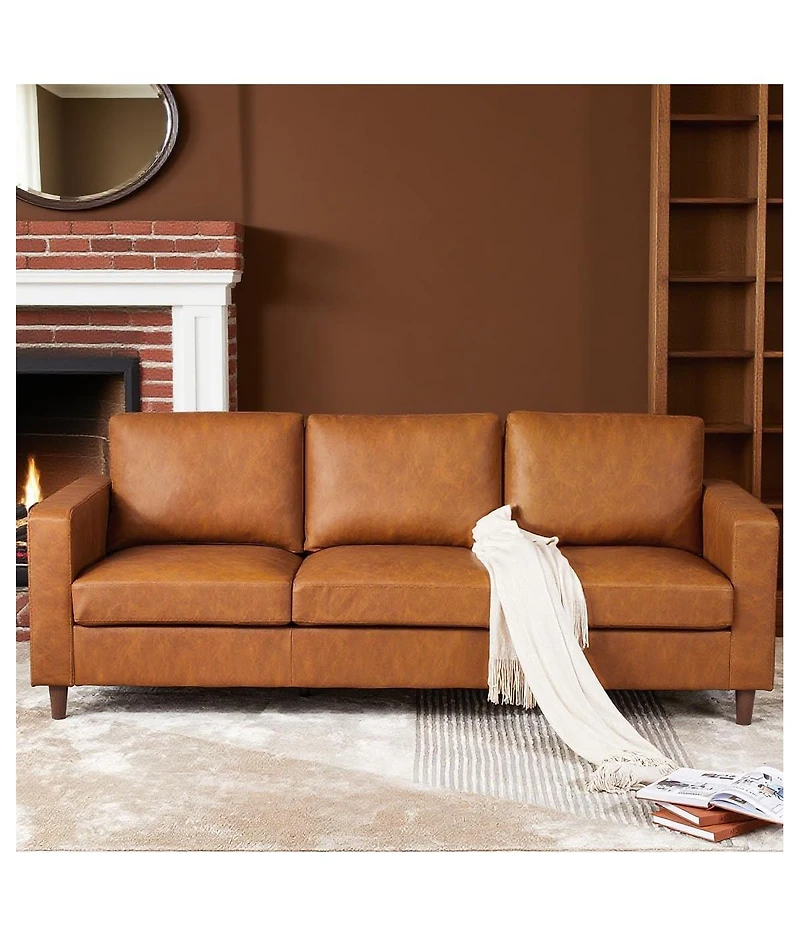 gaomon Leather Sofa, Mid-Century Modern Couch, 3-Seater Sofa with Armrests and Comfy Cushions, Pu Deep Seat Sofas for Living Room, Bedroom, Office