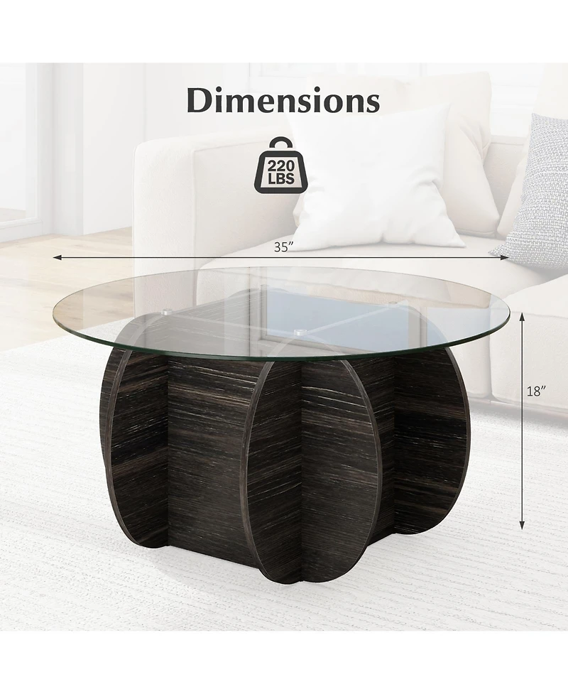 Slickblue Round Coffee Table Tempered Glass Wood Base