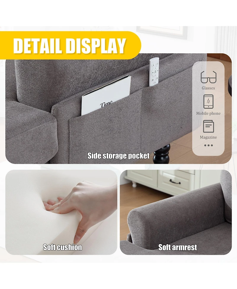 Rainsken Oversized Chenille Chaise Lounge, Leisure Recliner Sofa with Wooden Legs and Side Pockets for Living Room, Bedroom