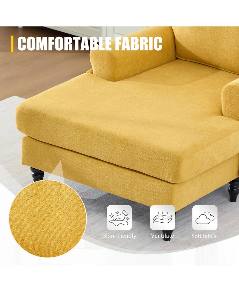 Rainsken Comfortable Chenille Chaise Lounge Chair, Oversized Leisure Recliner Single Sofa with Wood Legs and Side Storage Pockets for Home Use