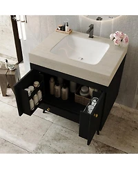 Sillysis 30" Freestanding Bathroom Vanity with Walnut Faux Marble Top, Ceramic Sink, Soft Close Storage for Small Bathrooms