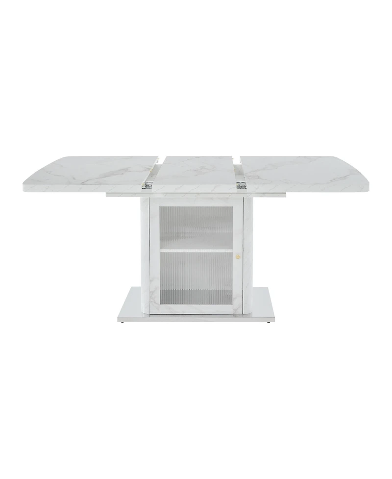 Clihome 47.24"-63"Modern Rectangle Dining Table, Stretchable, with Printed Marble Table Top+Storage Cabinet Table Leg with Metal Base