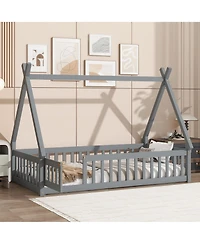 Clihome Twin Tent-shaped Floor Bed,Teepee Bed with Guardrails,Slats and Door