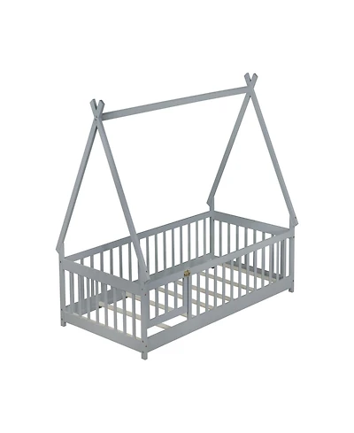 Clihome Twin Tent-shaped Floor Bed,Teepee Bed with Guardrails,Slats and Door