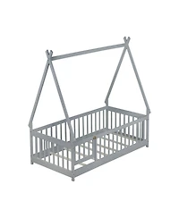 Clihome Twin Tent-shaped Floor Bed,Teepee Bed with Guardrails,Slats and Door