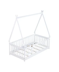 Clihome Twin Tent-shaped Floor Bed,Teepee Bed with Guardrails,Slats and Door