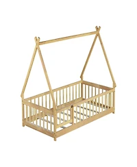 Clihome Twin Tent-shaped Floor Bed,Teepee Bed with Guardrails,Slats and Door