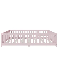 Clihome Full Floor Bed with Fence and Door,Rubber Wood Safety Guardrails
