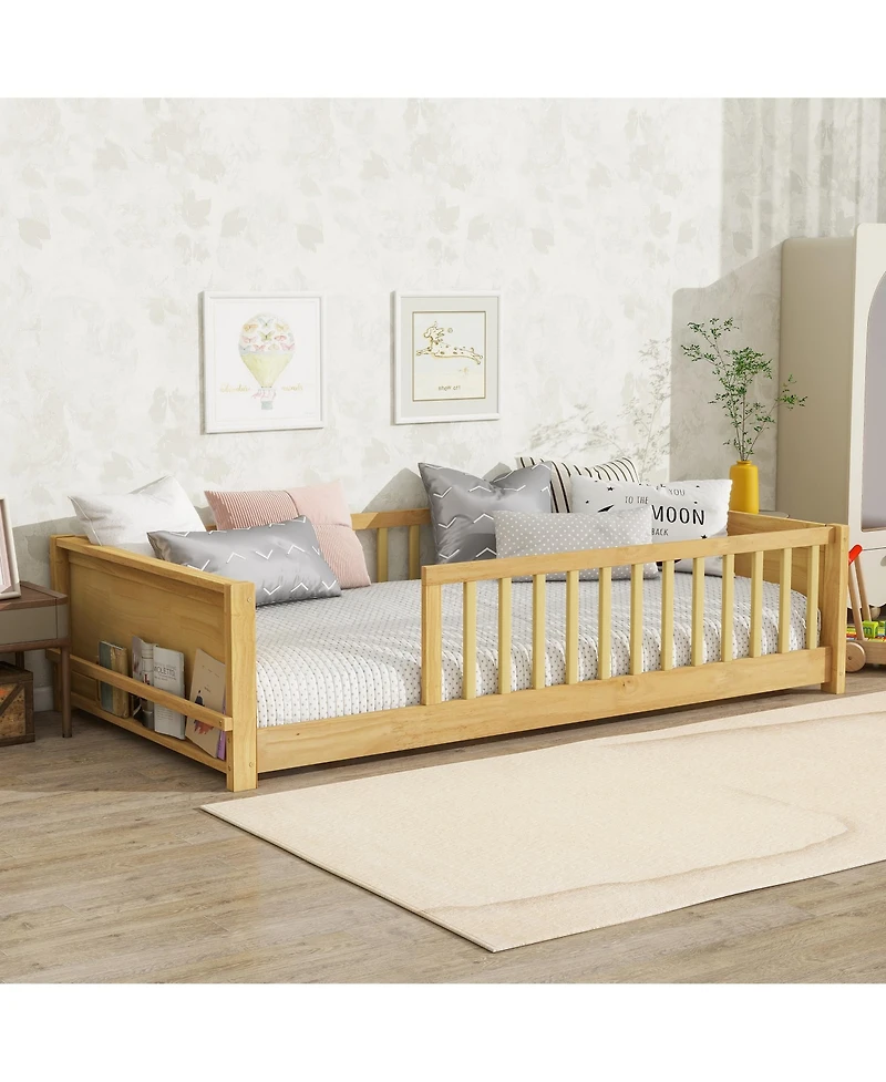 Clihome Twin size Floor Platform Bed with Built-in Book Rack