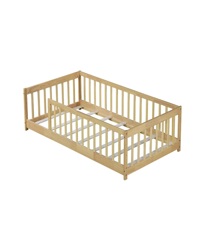 Clihome Twin Size Floor Bed with Fence without Door, Rubber Wood Floor Bed with Safety Guardrails