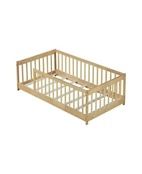 Clihome Twin Size Floor Bed with Fence without Door, Rubber Wood Floor Bed with Safety Guardrails
