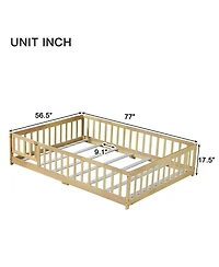 Clihome Full Size Floor Bed with Fence and Door,Rubber Wood Floor Bed with Safety Guardrails