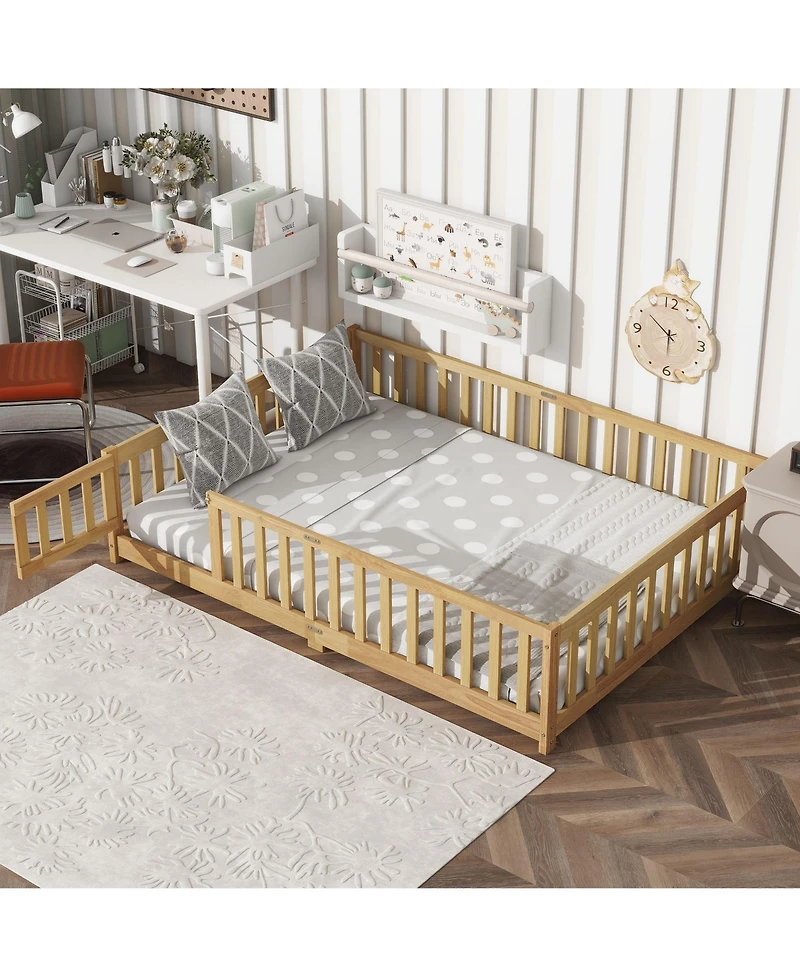Clihome Full Floor Bed with Fence and Door,Rubber Wood Safety Guardrails