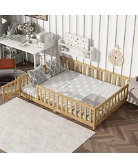 Clihome Full Floor Bed with Fence and Door,Rubber Wood Safety Guardrails