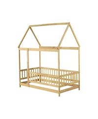 Clihome Twin Size House Floor Wooden Bed with Roof Frame,Safety Guardrails