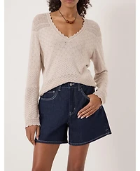 Hush Women's Pointelle Cotton V-Neck Sweater