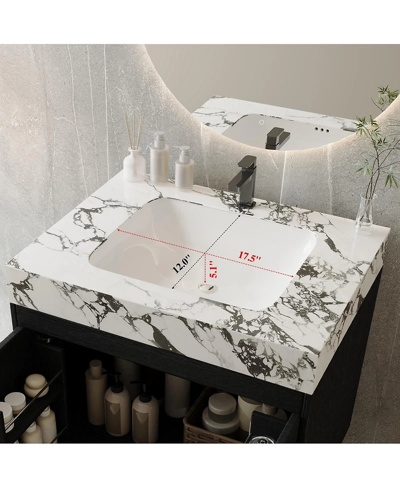 Sillysis 30" Freestanding Bathroom Vanity with Walnut Faux Marble Top, Ceramic Sink, Soft Close Storage for Small Bathrooms
