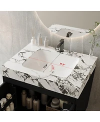 Sillysis 30" Freestanding Bathroom Vanity with Walnut Faux Marble Top, Ceramic Sink, Soft Close Storage for Small Bathrooms