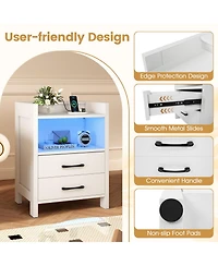 Gymax Nightstand w/ Led Lights and Charging Station 23.5'' Smart Bedside Table w/ Drawer and Open Storage Shelf