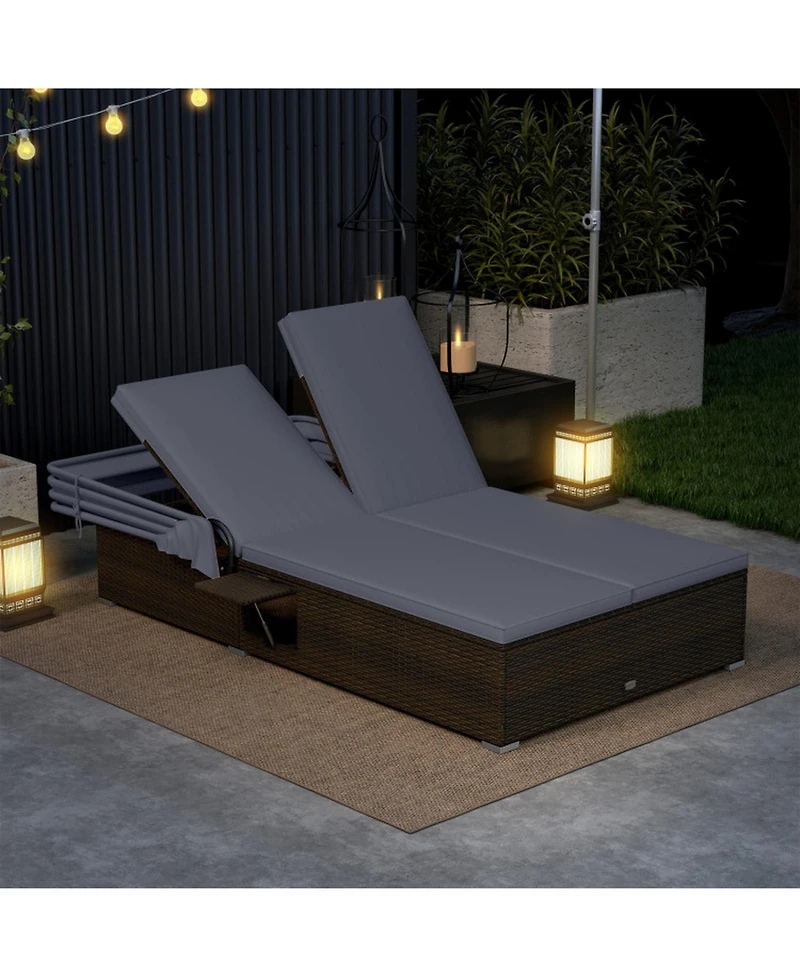 Gouun Double Patio Chaise Lounge with Retractable Canopy and Folding Trays