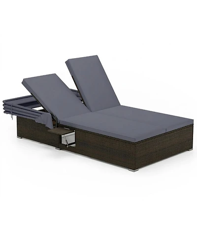 Gouun Double Patio Chaise Lounge with Retractable Canopy and Folding Trays