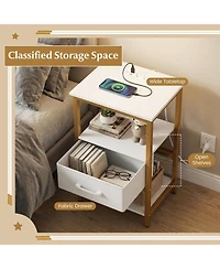 Gymax Nightstand w/Charging Station Set of 2 w/Fabric Drawer and Open Storage Shelves