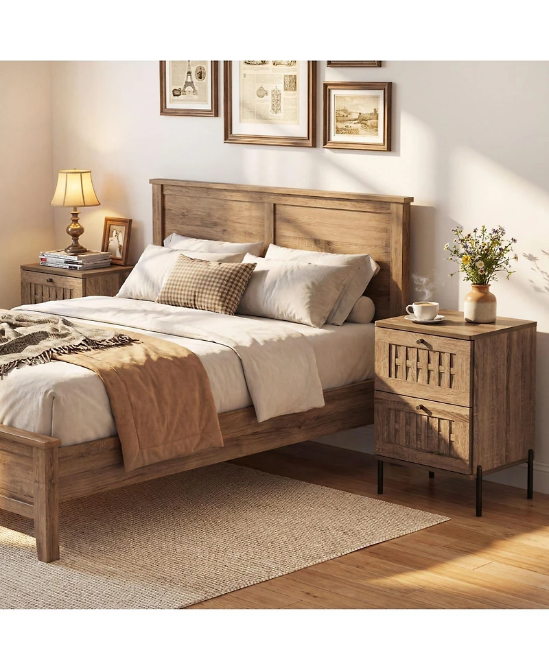 Gymax 2PCS-Nightstand w/2 Woven Storage DrawersMetal Support LegsBedroomRustic Oak