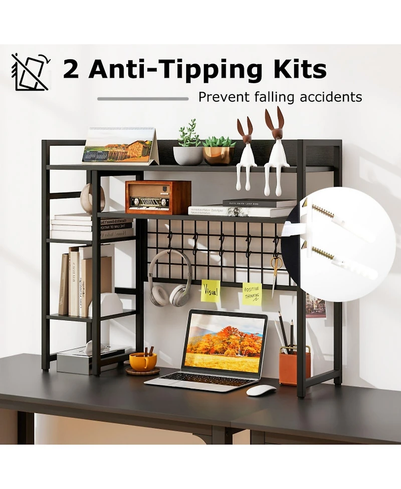 Gouun 4-Tier Desktop Display Shelf with Metal Grid Panel and Hooks