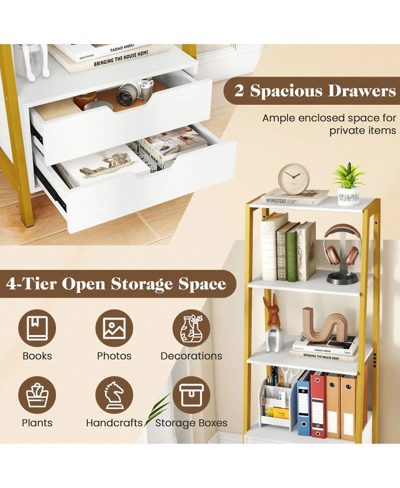 Gouun 4-Tier Ladder Shelf with 2 Drawers and Metal Frame