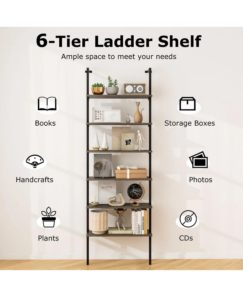 Gouun 6-Tier Industrial Ladder Shelf Wall Mounted Bookshelf