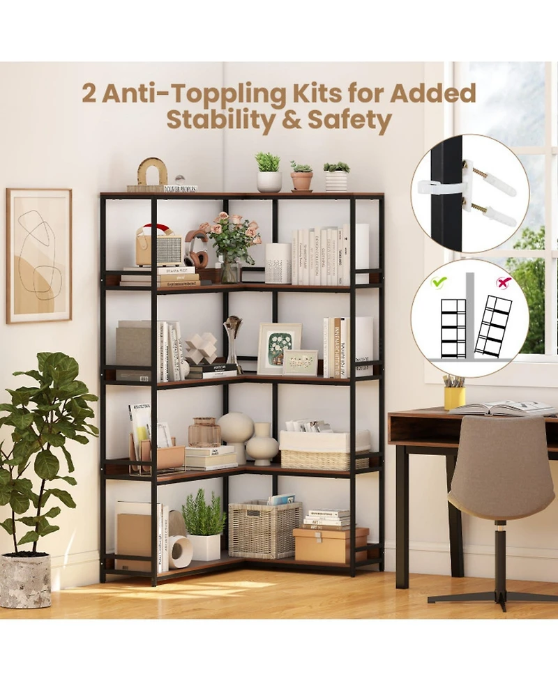 Gouun 5-Tier L-Shaped Corner Bookshelf with Metal Frame