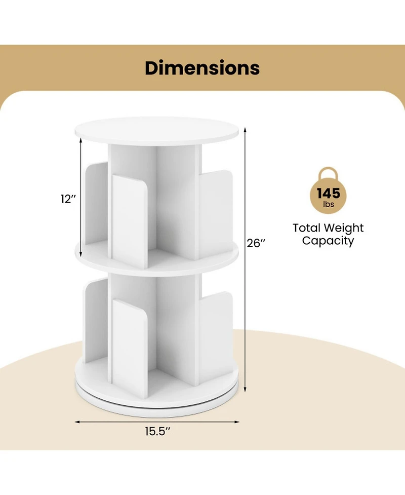 Gouun 2-Tier Rotating Bookshelf with Dividers and Swivel Base