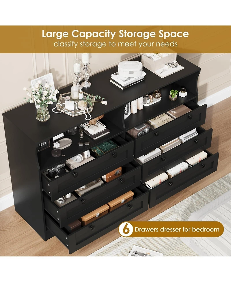 gaomon 6 Drawer Dresser for Bedroom, with Rgb Led Lights and Power Outlet