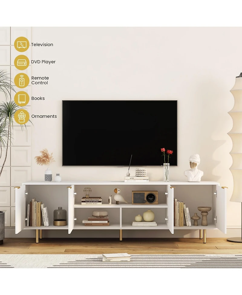 Rainsken Modern Fluted Tv Cabinet for 55+ Inch Tv, Media Console Entertainment Center with 4 Storage Cabinets and Metal Handles for Living Room