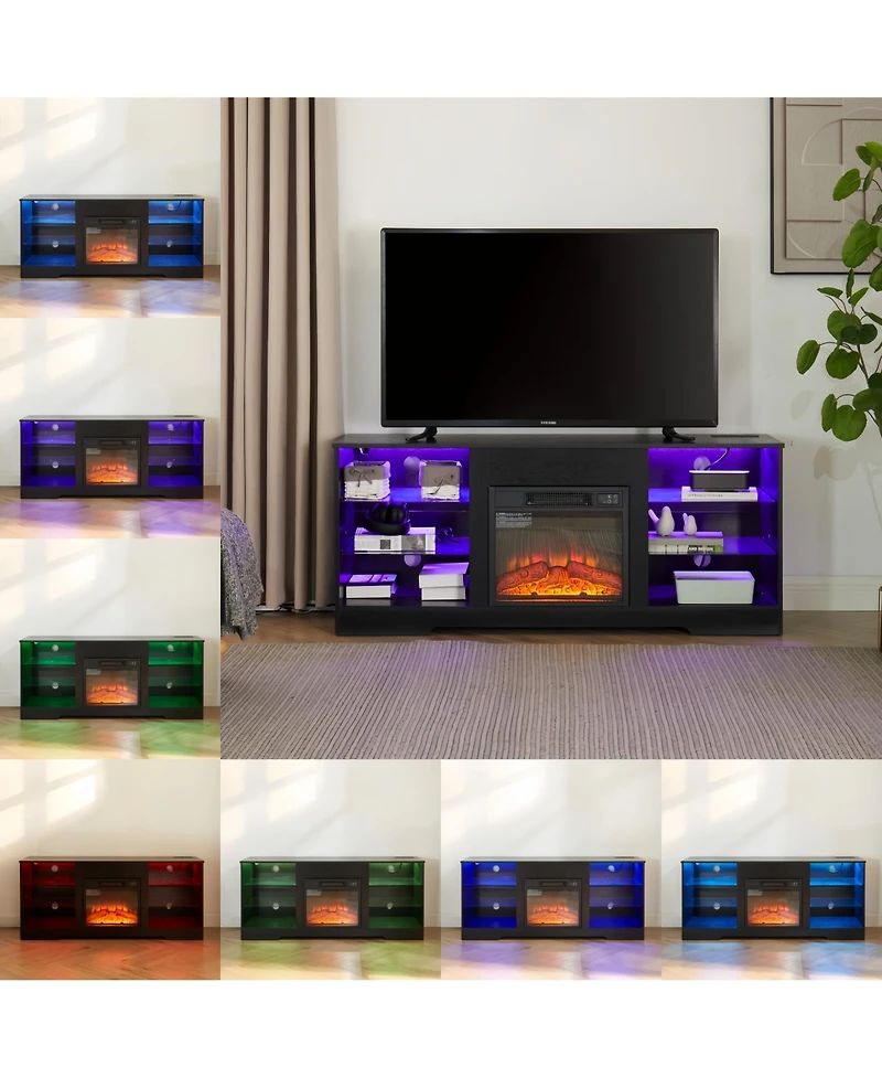 Rainsken 58" Electric Fireplace Tv Stand, Led Media Console for 32-62 Inch TVs with Usb Charging Port, Modern Entertainment Center for Living Roo