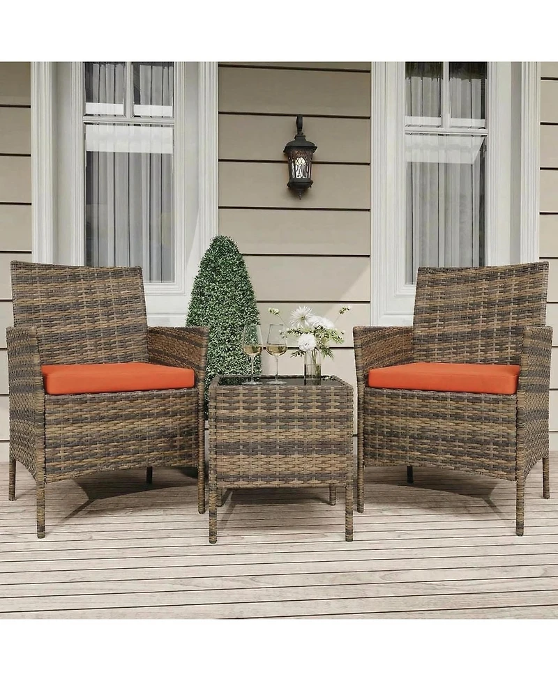 gaomon 3-Piece Rattan Conversation Set with Tempered Glass Table