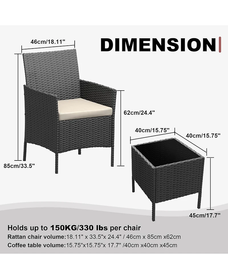 gaomon 3-Piece All-Weather Patio Conversation Set, Pe Rattan Armchairs and Glass Table
