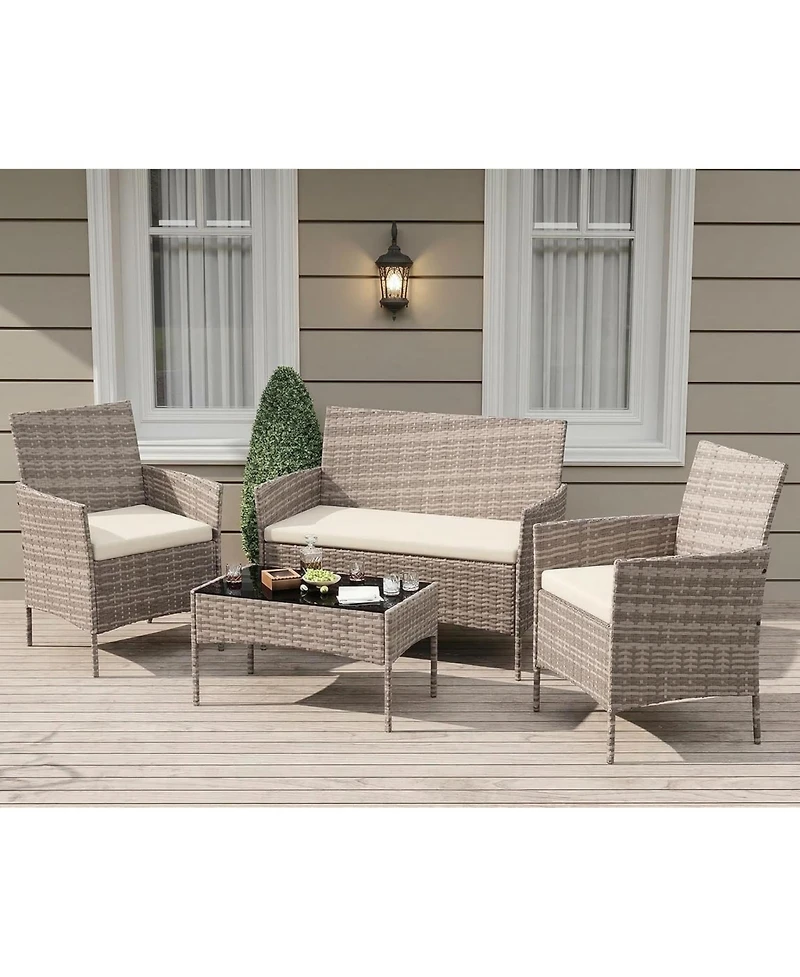 gaomon 4-Piece Rattan Patio Furniture Set with Upholstered Sofa and Coffee Table