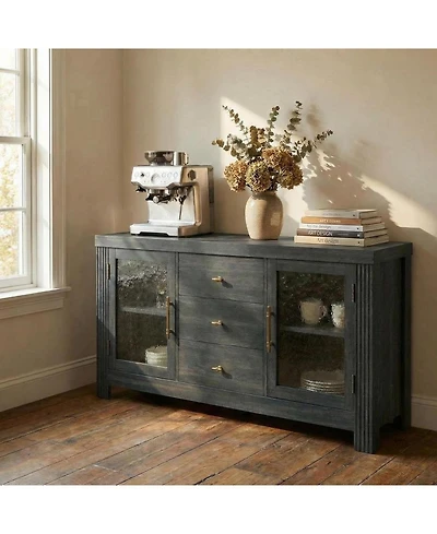gaomon 54.4" Buffet Sideboard Cabinet, Wood Storage with 2 Glass Doors & 3 Drawers, Coffee Bar & Tv Stand for Living Room, Kitchen, Dining Room