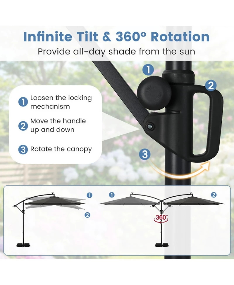 Gouun 10 ft Solar Offset Umbrella with 96 Led Lights 9 Modes Weighted Base and 360 Rotation